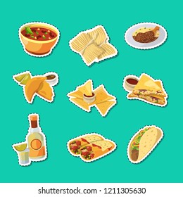 Vector cartoon mexican food stickers set illustration isolated on green backdrop
