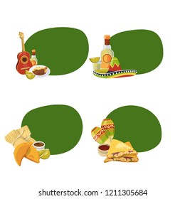 Vector cartoon mexican food stickers with place for text set illustration on white