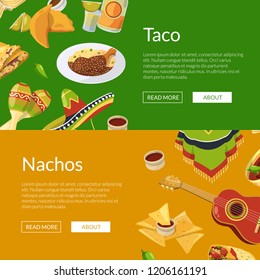 Vector cartoon mexican food web banner templates illustration. Colored poster with food
