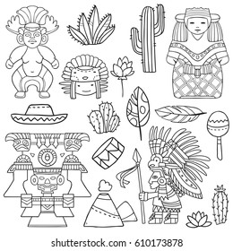 Vector cartoon  mexican icons with faces, masks,cactuses and other traditional elements on separate layers on white background