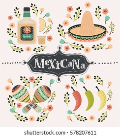 Vector cartoon mexican set of illustration of chili papers, tequila slice of lemon, sombrero, maracas and caballito decorated with flower. Hand drawn lettering mexicana