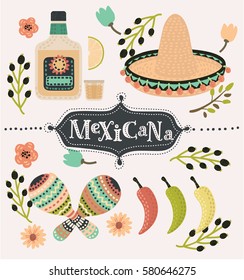 Vector cartoon mexican set of illustration of chilli papers, tequilla slice of lemon, sambrero, maracases and caballito decorated with flower. Hand drawn lettering mexicana. Mexican party decoration