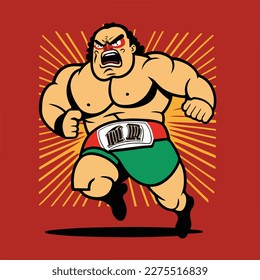 Vector cartoon Mexican wrestler running with an angry face, realistic, flat vector