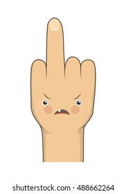 Vector cartoon middle finger with angry emotion face. Provocative gesture symbol expression rudeness. Vector illustration isolated on white backgroung.