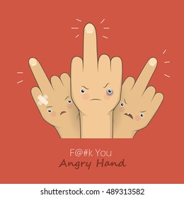 Vector cartoon middle finger with angry emotion faces. Provocation gesture symbol expression rudeness. Concept illustration on red backgroung.