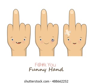 Vector cartoon middle fingers with angry emotion faces. Provocation gesture symbol expression rudeness. Funny obscene concept. Vector illustration isolated on white backgroung.