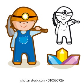 Vector cartoon mine-worker  with a flashlight, mineral, gemstones