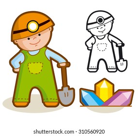 Vector cartoon mine-worker  with a shovel and flashlight, mineral, gemstones 
