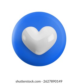 Vector cartoon minimal 3d blue button with white heart icon. Realistic render of circle like button sign, favorites symbol, comment in social media, like counter concept, love message for web, app.