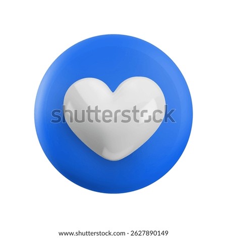 Vector cartoon minimal 3d blue button with white heart icon. Realistic render of circle like button sign, favorites symbol, comment in social media, like counter concept, love message for web, app.