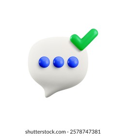 Vector cartoon minimal 3d delivered message icon. Realistic render of white speech bubble with dots and green check mark tick. Chat messaging concept, accepted text comment in social media notice.