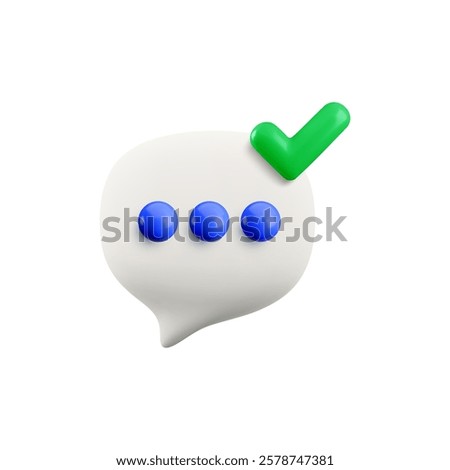 Vector cartoon minimal 3d delivered message icon. Realistic render of white speech bubble with dots and green check mark tick. Chat messaging concept, accepted text comment in social media notice.