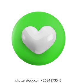 Vector cartoon minimal 3d green button with white heart icon. Realistic render of circle like button sign, cute favorites symbol, comment in social media, eco love sticker, like counter design element