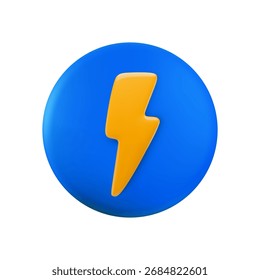 Vetor cartoon mínimo ícone 3d círculo azul com flash dentro. Renderização realista do sinal de eletricidade redondo com relâmpago. Eco potência, energia elétrica, símbolo de alta tensão para web, app, jogo.
