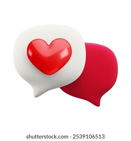 Vector cartoon minimal 3d love chat icon. Realistic render of speech bubbles with red heart. Cute flirt messaging concept, online valentine in social media, love message sign for web, app, game.