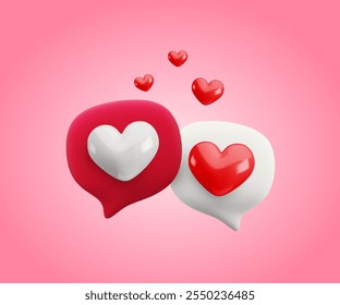 Vector cartoon minimal 3d love message background. Realistic render of speech bubbles with red heart. Cute flirt messaging concept, online valentine in social media, love chatting illustration.