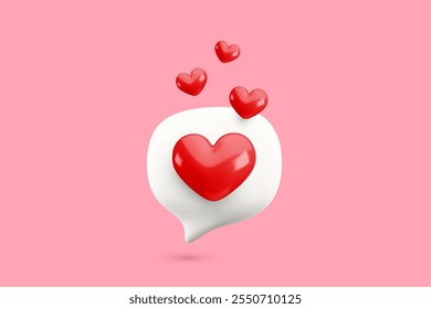 Vector cartoon minimal 3d love message background. Realistic render of speech bubble with flying red heart. Cute flirt messaging concept, online valentine in social media, love chatting illustration.