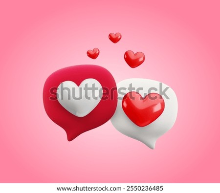 Vector cartoon minimal 3d love message background. Realistic render of speech bubbles with red heart. Cute flirt messaging concept, online valentine in social media, love chatting illustration.
