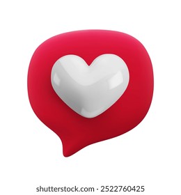 Vector cartoon minimal 3d red speech bubble with white heart icon. Realistic render of chat messaging, like button sign, favorites symbol, comment in social media, like counter concept, love message