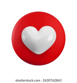 Vector cartoon minimal 3d red button with white heart icon. Realistic render circle like button sign, favorites symbol, comment in social media, like counter concept, love message for web, app, game.