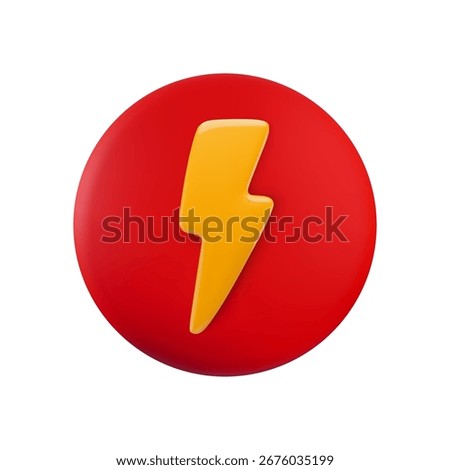 Vector cartoon minimal 3d red circle with flash inside icon. Realistic render of round electricity sign with lightning. Power, energy, high voltage symbol for web, app, game
