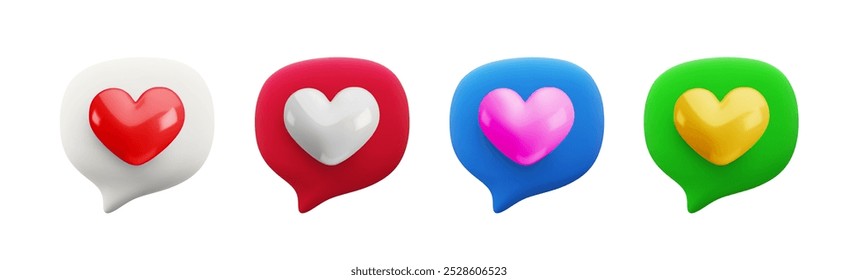 Vector cartoon minimal 3d speech bubble with heart icon set. Realistic color render of chat messaging, like button sign, comment in social media, like counter concept, love message collection.