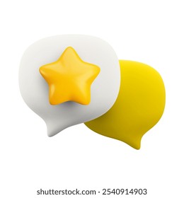 Vector cartoon minimal 3d talk icon. White and yellow speech bubble with star icon. Realistic render of chat messaging, customer review rating, favorite message, comment in social media concept.