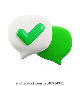 Vector cartoon minimal 3d talk icon. White and green speech bubble with yes check mark. Realistic render valid checkmark note, accept chat message button, message delivered sign, social media comment.