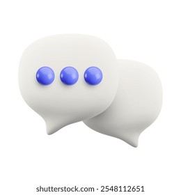Vector cartoon minimal 3d talk icon. Realistic render of white speech bubbles, chat messaging, typing in chat concept, text comment in social media, dialogue talking balloon with dots, online support.