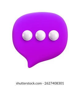 Vetor cartoon mínimo 3d violeta fala bolha pin. Renderização realista de mensagens de bate-papo, digitando em um conceito de bate-papo, balão de diálogo roxo falando e pontos, suporte on-line, comentário de texto nas mídias sociais