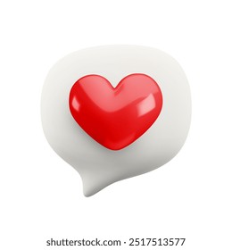 Vector cartoon minimal 3d white speech bubble with heart icon. Realistic render of chat messaging, like button sign, favorites symbol, comment in social media, like counter concept, love message.