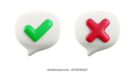 Vector cartoon minimal 3d white speech bubble with green check mark and red X icon set. Realistic render of yes tick and no cross sign message. Social media comment buttons. Right and wrong set.