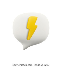 Vector cartoon minimal 3d white speech bubble with flash icon. Realistic render of chat messaging with lightning, urgent message, Breaking news symbol, announce in social media concept, fast message.