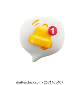 Vector cartoon minimal 3d white speech bubble with ringing bell and notification number 1 icon. Realistic render of chat messaging, customer review, incoming inbox message, new comment in social media