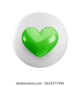 Vector cartoon minimal 3d white button with green heart icon. Realistic render of circle like button sign, cute favorites symbol, comment in social media, like counter concept, eco love sticker.