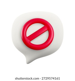 Vector cartoon minimal 3d white speech bubble with red prohibition sign. Realistic render block message icon, Ban or stop chat messaging button, forbidden text symbol, social media failed comment