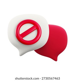 Vector cartoon minimal 3d white and red speech bubble with prohibition sign. Realistic render block message icon, Ban or stop chatting button, dangerous communication symbol, social media restriction.