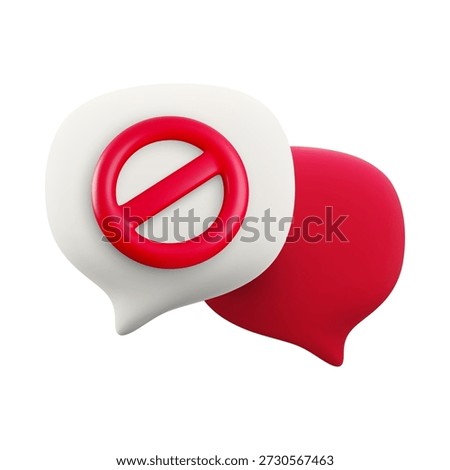 Vector cartoon minimal 3d white and red speech bubble with prohibition sign. Realistic render block message icon, Ban or stop chatting button, dangerous communication symbol, social media restriction.