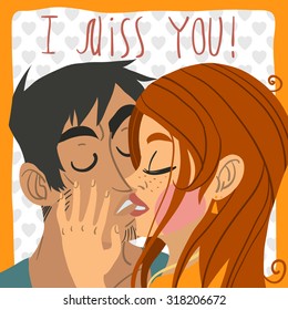 Vector cartoon I miss you flat greeting card. For game presentation, user interface tablet, smart phone. With cute kissing boy and girl.