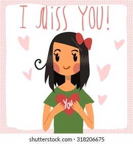 Vector cartoon I miss you flat greeting card. For game presentation, user interface tablet, smart phone. With cute girl.