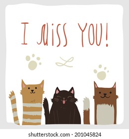 Vector Cartoon I Miss You Postcard With Funny Cats. For Ui, Web Games, Tablets, Wallpapers, And Patterns.