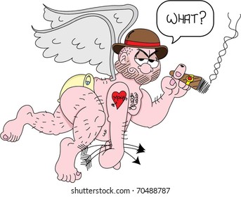 Vector cartoon of a mobster valentine cupid nonchalantly flying to shoot his arrows into unsuspecting lovebirds.