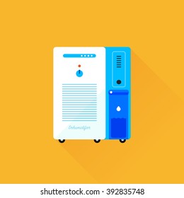 vector cartoon modern air dehumidifier / portable electric dehumidifier machine / long shadow, isolated, sign and icon template / on yellow