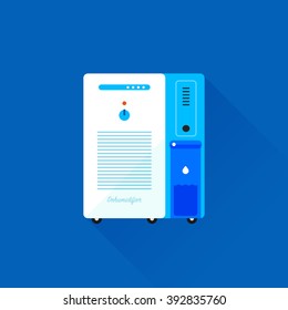 vector cartoon modern air dehumidifier / portable electric dehumidifier machine / long shadow, isolated, sign and icon template / blue