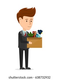 Vector cartoon modern trendy stylish  flat character illustration icon design. Businessman goes to work in a new office. Isolated on white background. Successful smiling young man in new job with box