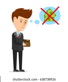 Vector cartoon modern trendy stylish flat character illustration icon design. Sad man looks in an empty wallet. No money, crisis, business, businessman, no job concept. Isolated on white background