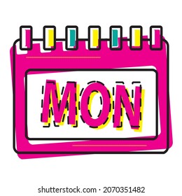 Dibujo vectorial Icono de la página del calendario del lunes en estilo cómico. Pictograma de la ilustración del signo del calendario. Concepto del efecto de salpicadura de la agenda de negocios del lunes.
