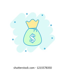 Vector cartoon money bag icon in comic style. Moneybag with dollar illustration pictogram. Money cash sack splash effect concept.