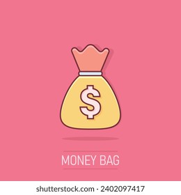 Vector cartoon money bag icon in comic style. Moneybag with dollar illustration pictogram. Money cash sack splash effect concept.