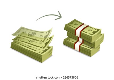 Vector cartoon money bundles illustration. money accumulation illustration